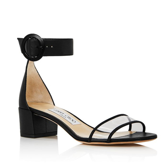 Jimmy Choo 7 Jaimie Leather Sandals Transparent PVC Strap Low Block Heels Black - Picture 8 of 9